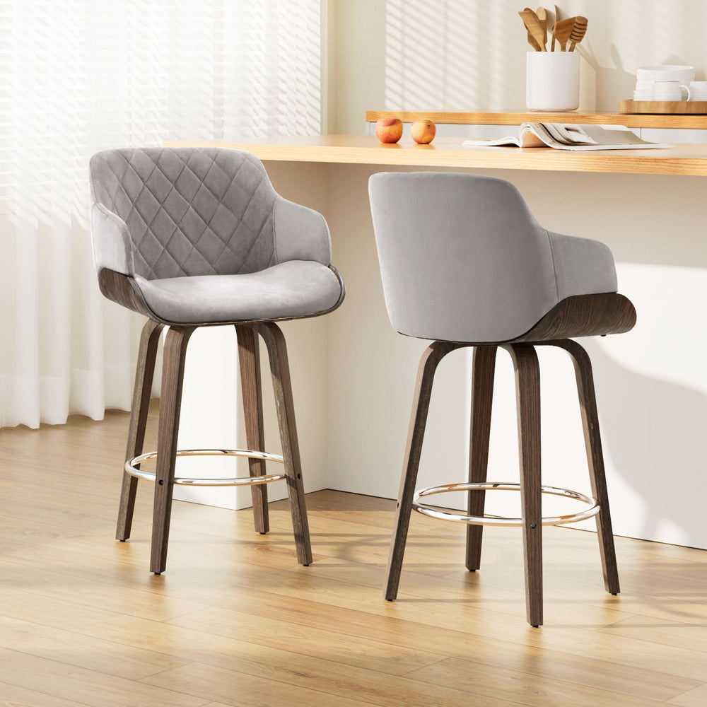 Maisy Velvet Fabric Bar Stool Wooden Swivel (Set of 2) Grey 70cm