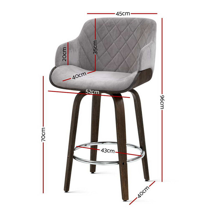 Maisy Velvet Fabric Bar Stool Wooden Swivel (Set of 2) Grey 70cm