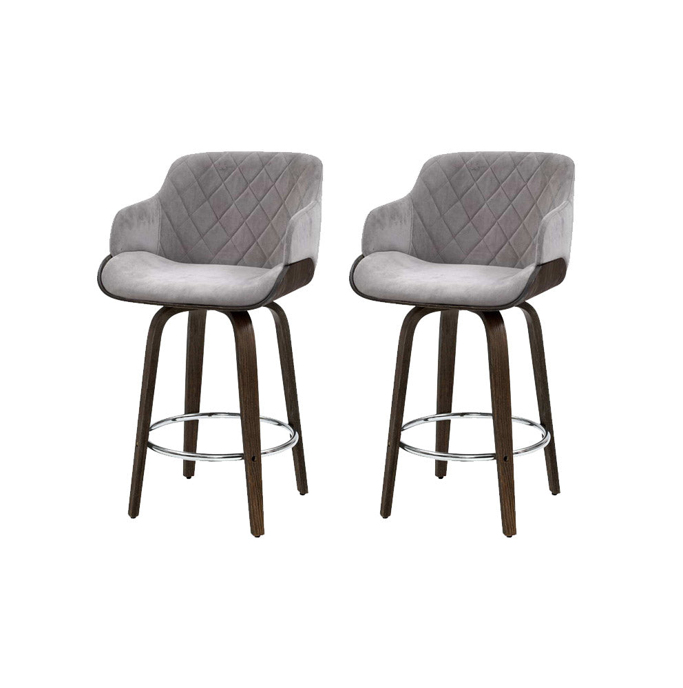 Maisy Velvet Fabric Bar Stool Wooden Swivel (Set of 2) Grey 70cm