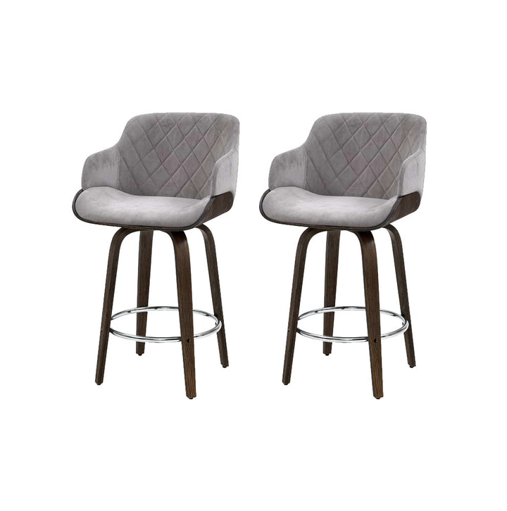 Maisy Velvet Fabric Bar Stool Wooden Swivel (Set of 2) Grey 70cm
