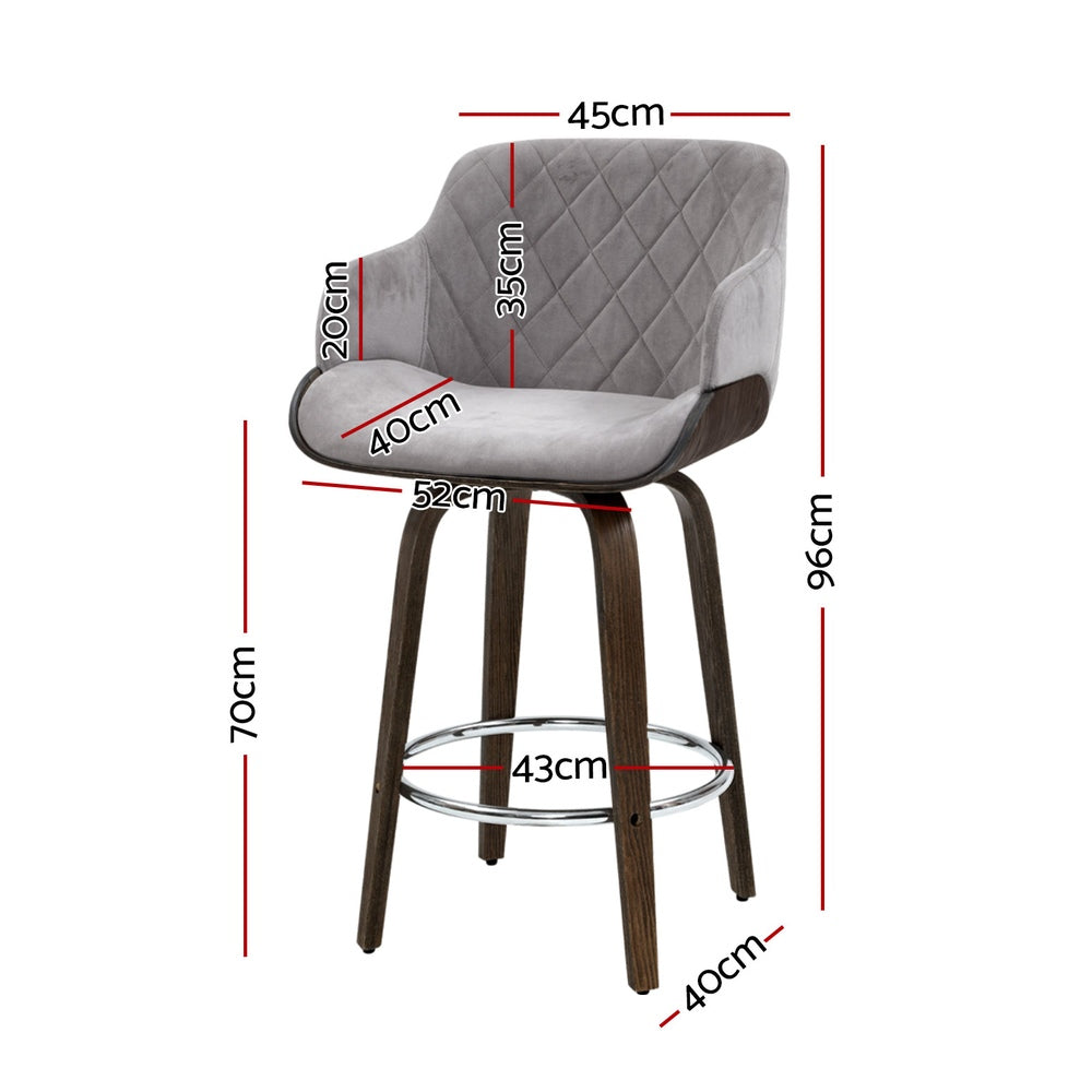 Maisy Velvet Fabric Bar Stool Wooden Swivel (Set of 4) Grey 70cm
