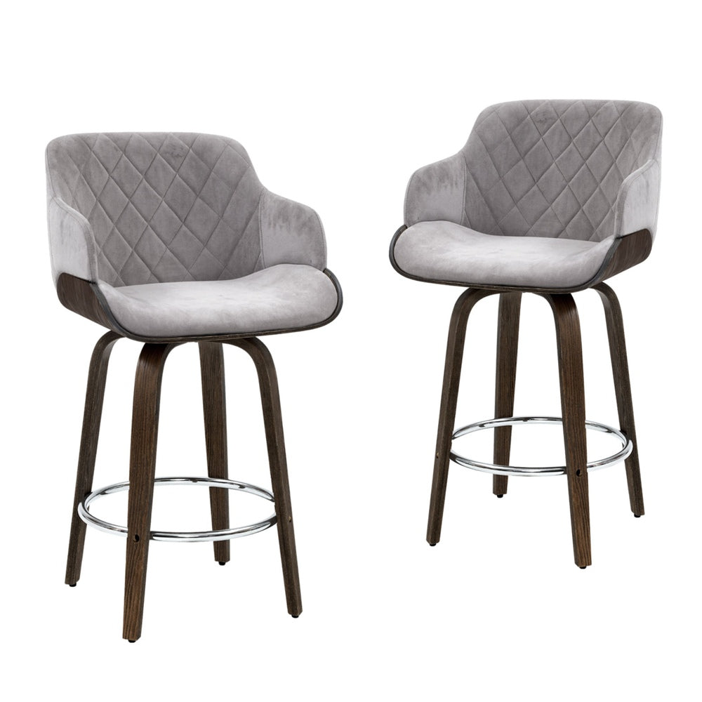 Maisy Velvet Fabric Bar Stool Wooden Swivel (Set of 4) Grey 70cm