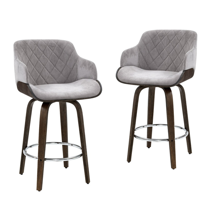 Maisy Velvet Fabric Bar Stool Wooden Swivel (Set of 4) Grey 70cm