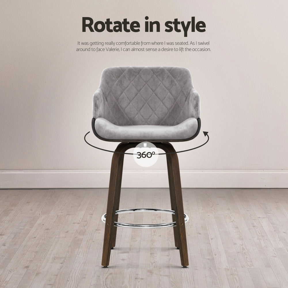 Maisy Velvet Fabric Bar Stool Wooden Swivel (Set of 4) Grey 70cm