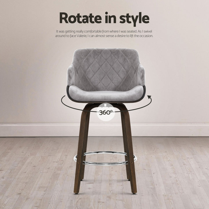 Maisy Velvet Fabric Bar Stool Wooden Swivel (Set of 4) Grey 70cm
