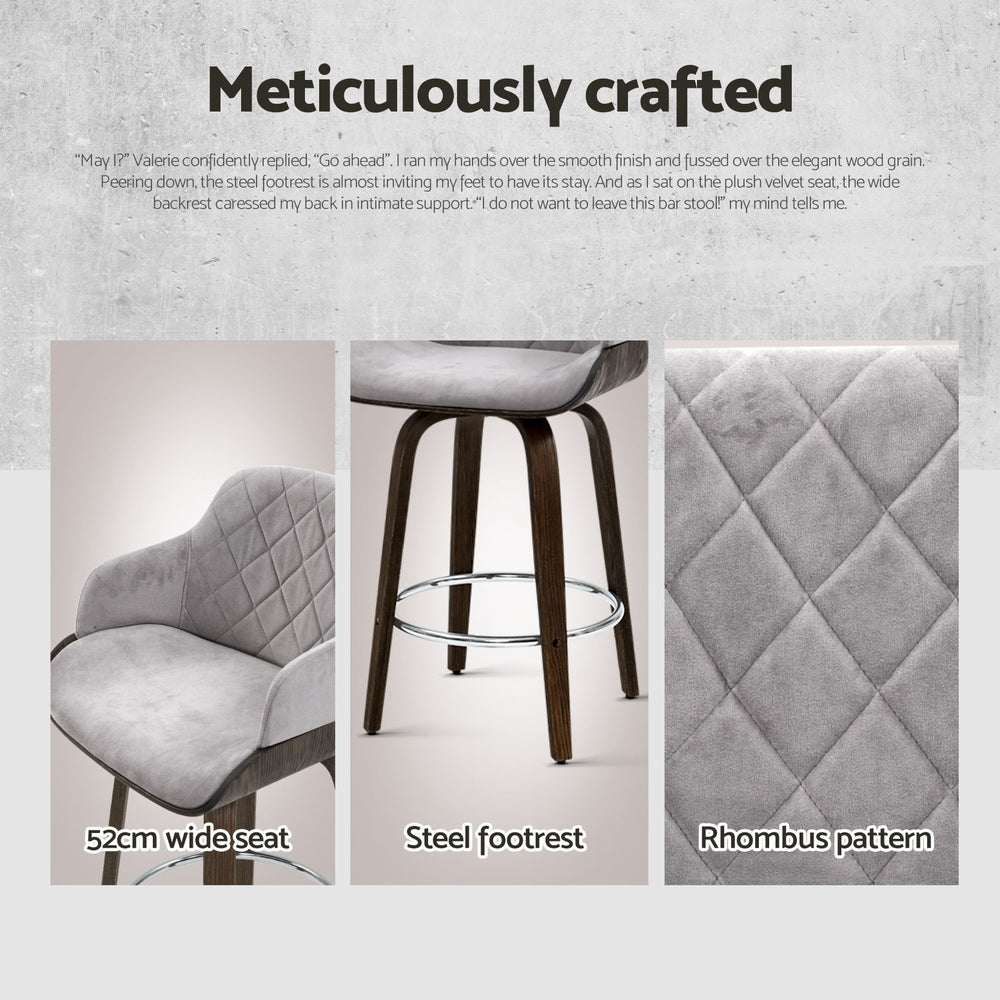 Maisy Velvet Fabric Bar Stool Wooden Swivel (Set of 4) Grey 70cm
