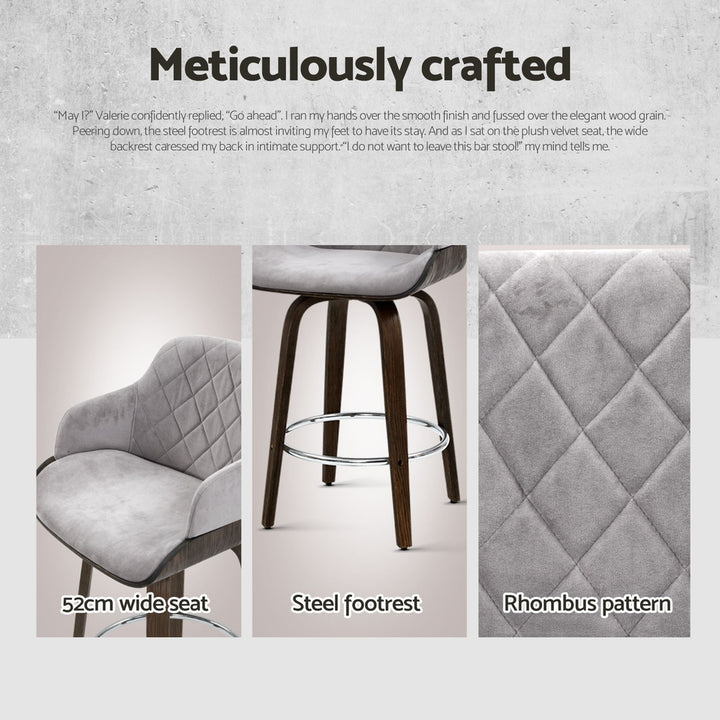 Maisy Velvet Fabric Bar Stool Wooden Swivel (Set of 4) Grey 70cm