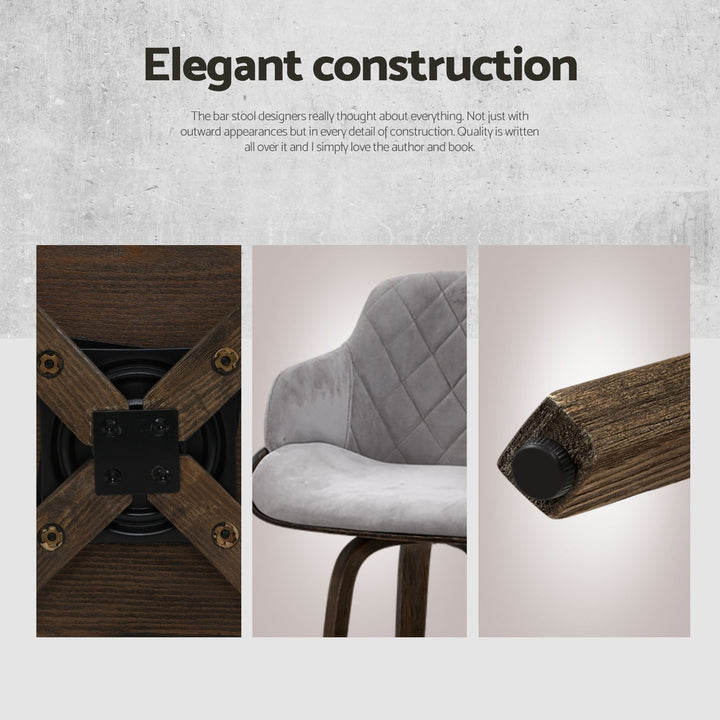 Maisy Velvet Fabric Bar Stool Wooden Swivel (Set of 4) Grey 70cm