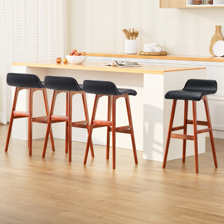 Silvia Wooden Bar Stool Leather (Set of 4) Black 74cm