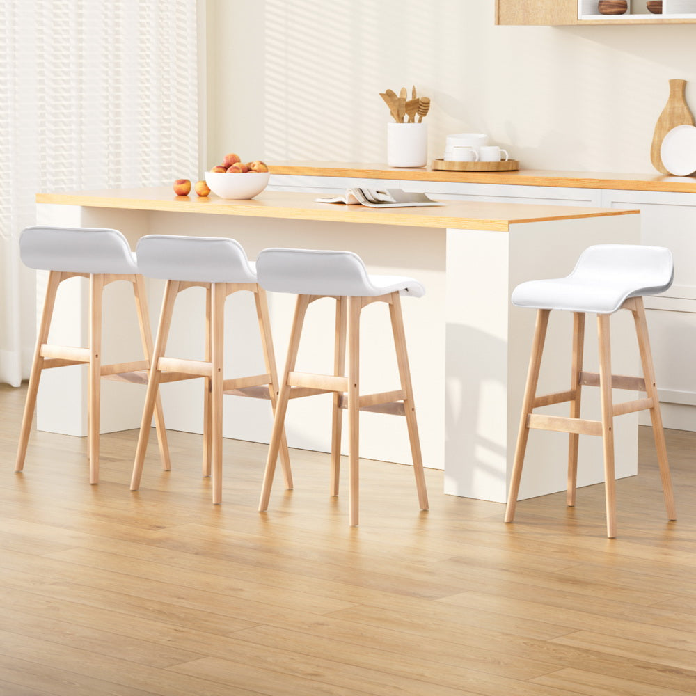 Silvia Wooden Bar Stool Leather (Set of 4) White 74cm