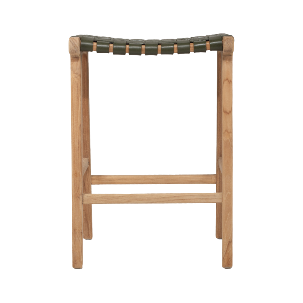 Bar Stools - Karina Leather Counter Stool Backless (Woven) Olive 65cm