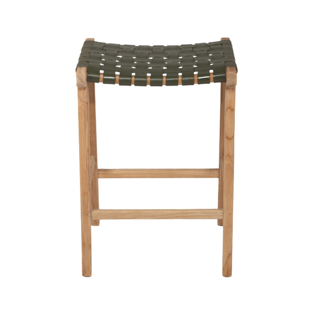 Bar Stools - Karina Leather Counter Stool Backless (Woven) Olive 65cm