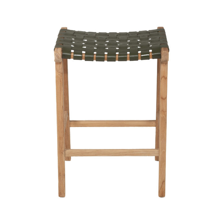 Bar Stools - Karina Leather Counter Stool Backless (Woven) Olive 65cm