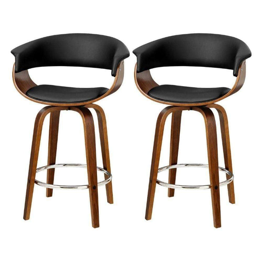 Bar Stools - Angus Set Of 2 Leather Wooden Swivel Kitchen Bar Stool Black 65cm