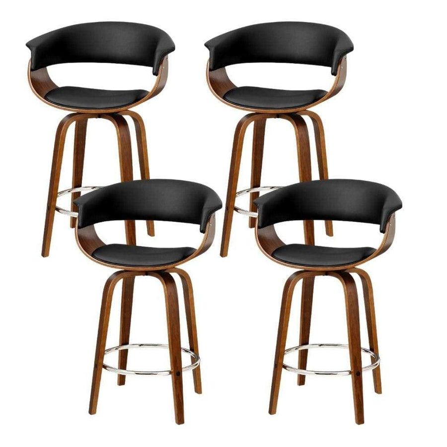 Bar Stools - Angus Set Of 4 Leather Wooden Swivel Kitchen Bar Stool Black 65cm