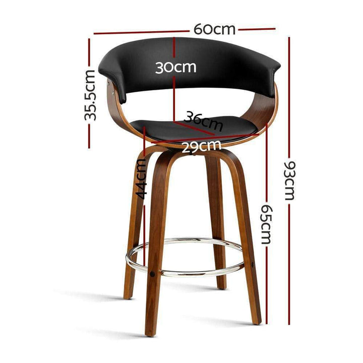 Bar Stools - Angus Set Of 4 Leather Wooden Swivel Kitchen Bar Stool Black 65cm