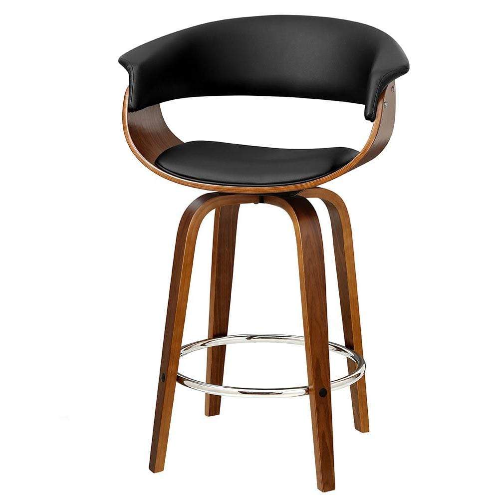 Bar Stools - Angus Set Of 4 Leather Wooden Swivel Kitchen Bar Stool Black 65cm