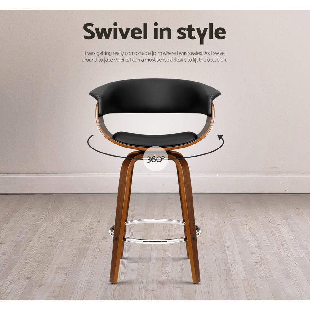 Bar Stools - Angus Set Of 4 Leather Wooden Swivel Kitchen Bar Stool Black 65cm