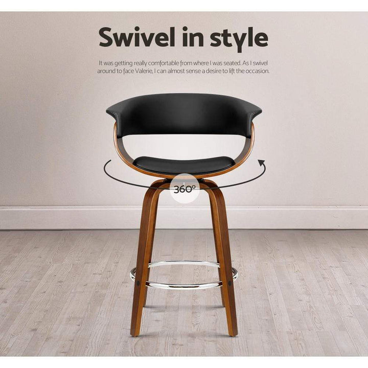 Bar Stools - Angus Set Of 4 Leather Wooden Swivel Kitchen Bar Stool Black 65cm