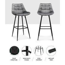 Load image into Gallery viewer, Bar Stools - Audrey Set Of 2 Velvet Fabric Kitchen Bar Stool Grey 76cm