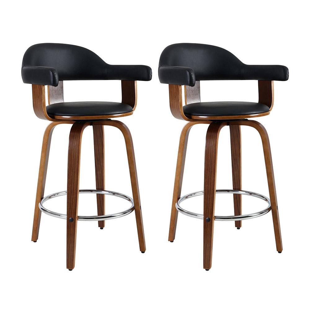 Bar Stools - Cassius Set Of 2 Wooden Swivel Kitchen Bar Stool Black 63cm