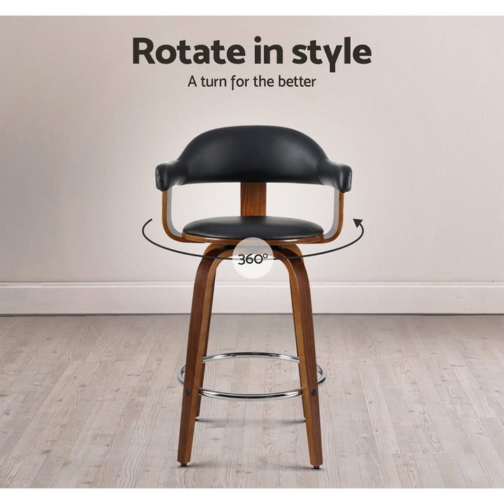 Bar Stools - Cassius Wooden Bar Stool Leather Swivel (Set Of 2) Black 63cm