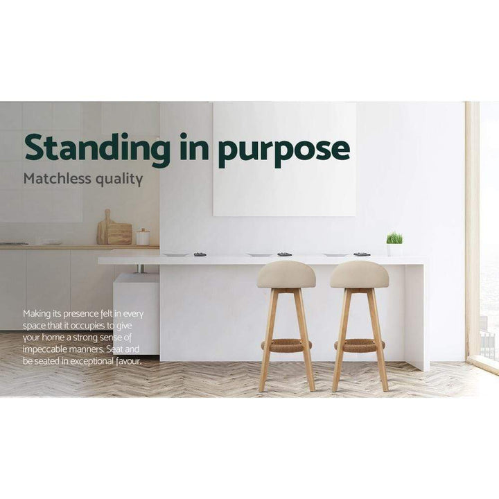 Bar Stools - Dalvey Set Of 2 Leather Wood Kitchen Bar Stool Beige 69cm