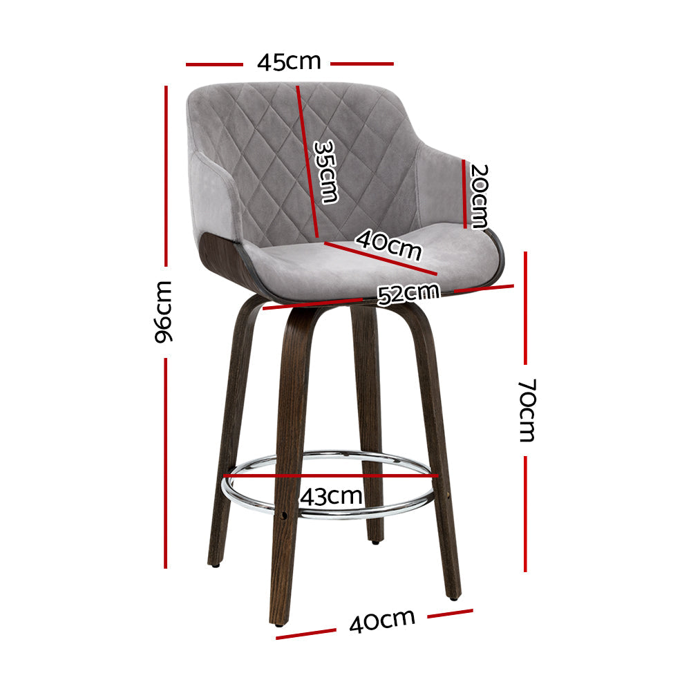 Bar Stools - Maisy Velvet Fabric Bar Stool Wooden Swivel Grey 70cm