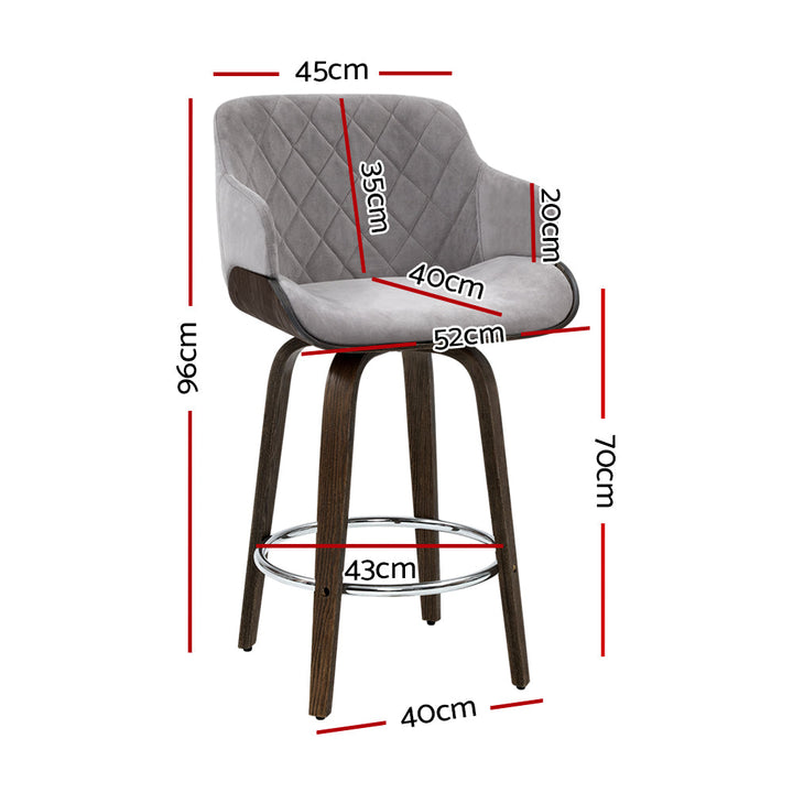 Bar Stools - Maisy Velvet Fabric Bar Stool Wooden Swivel Grey 70cm