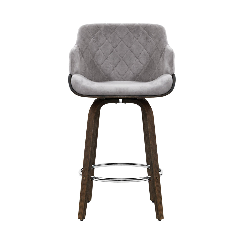 Bar Stools - Maisy Velvet Fabric Bar Stool Wooden Swivel Grey 70cm