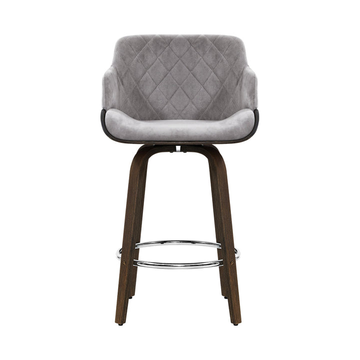 Bar Stools - Maisy Velvet Fabric Bar Stool Wooden Swivel Grey 70cm