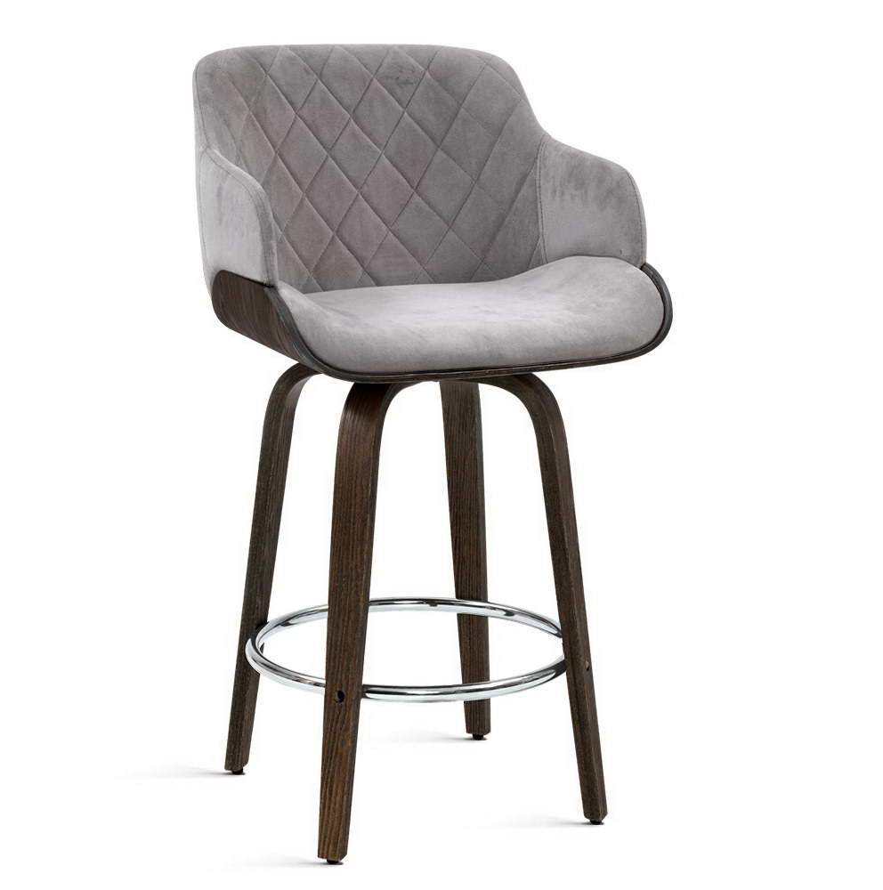 Bar Stools - Maisy Velvet Fabric Wooden Swivel Kitchen Bar Stool Grey 70cm