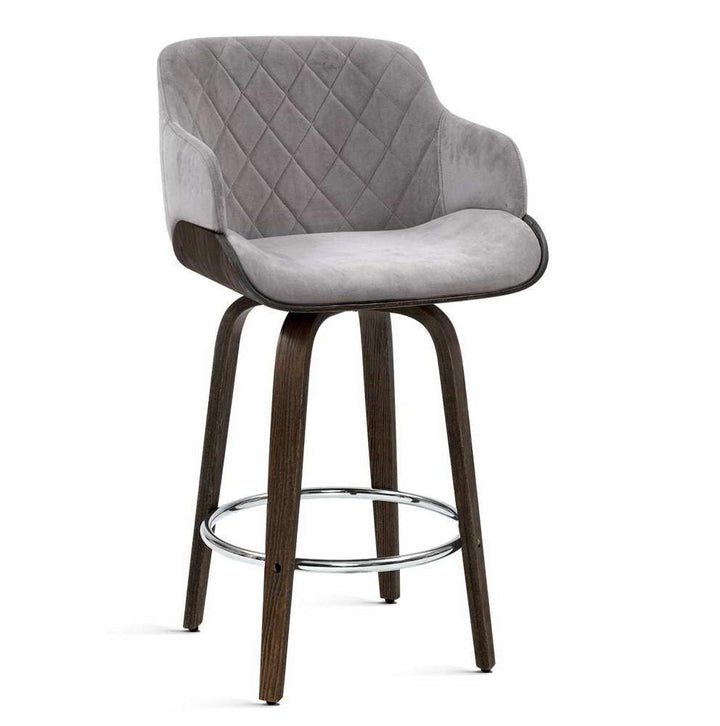 Bar Stools - Maisy Velvet Fabric Wooden Swivel Kitchen Bar Stool Grey 70cm