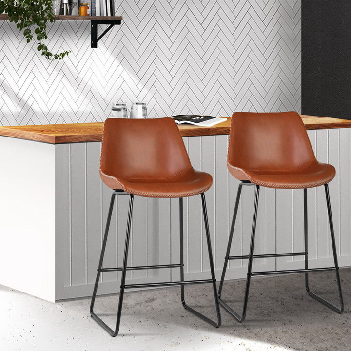 Furniture > Bar Stools & Chairs - Artiss Set Of 2 Bar Stools Kitchen Metal Bar Stool Dining Chairs PU Leather Brown