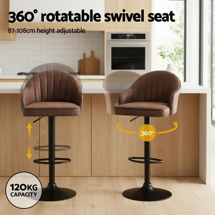 Artiss 2x Bar Stools Kitchen Swivel Gas Lift Counter Chair Shell Leather Brown