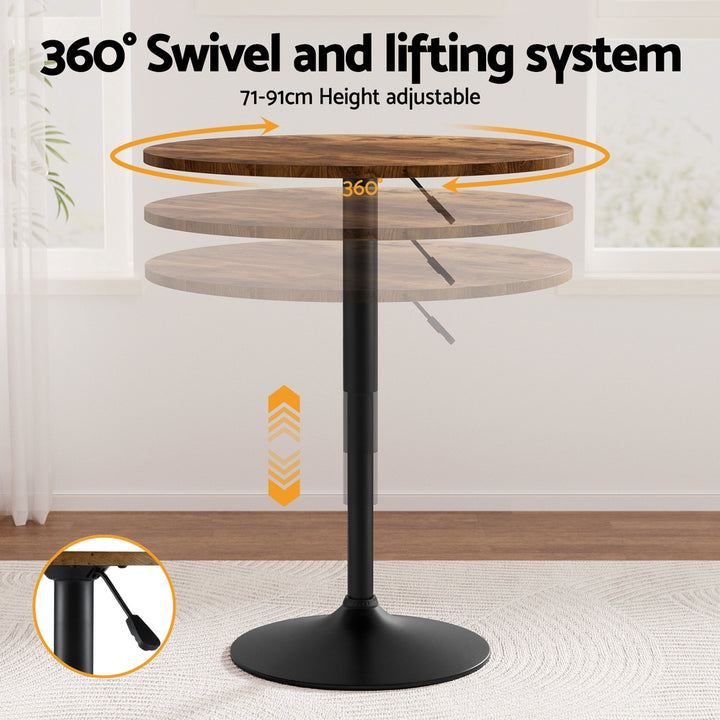 Artiss Height Adjustable Bar Table 360 Swivel Round Gaslift Design 60cm Rustic Brown Black