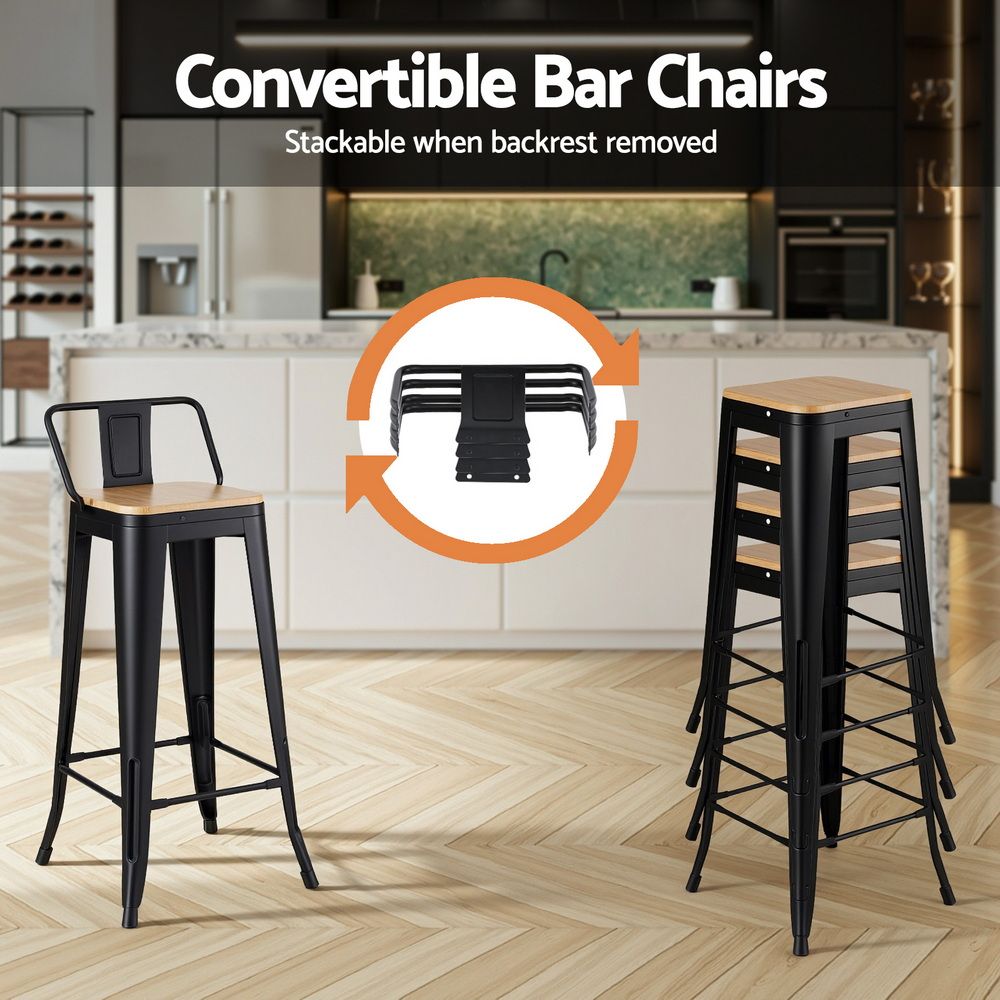 Artiss Industrial Bar Stool Wooden Seat (Set of 4) Black 77cm