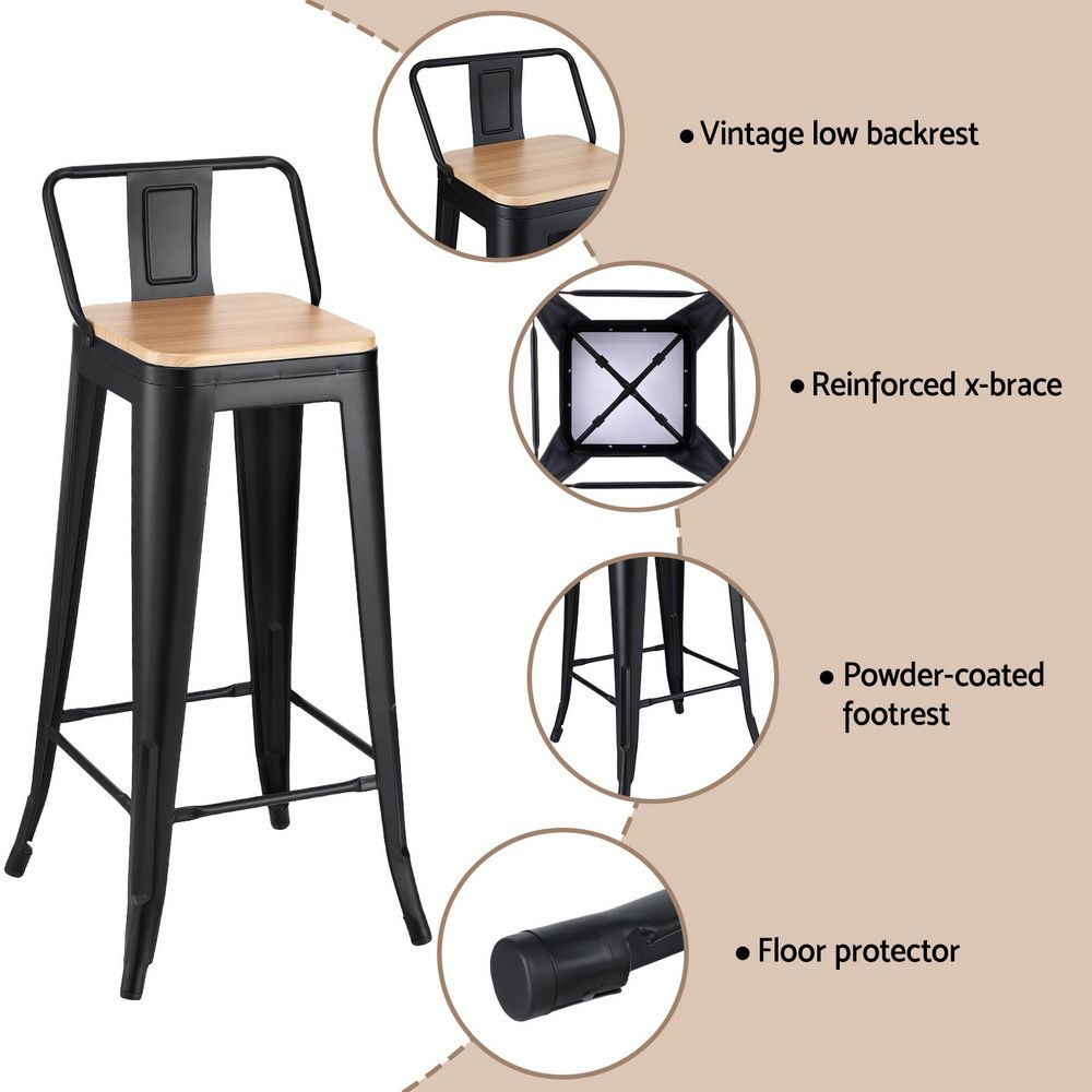 Artiss Industrial Bar Stool Wooden Seat (Set of 4) Black 77cm