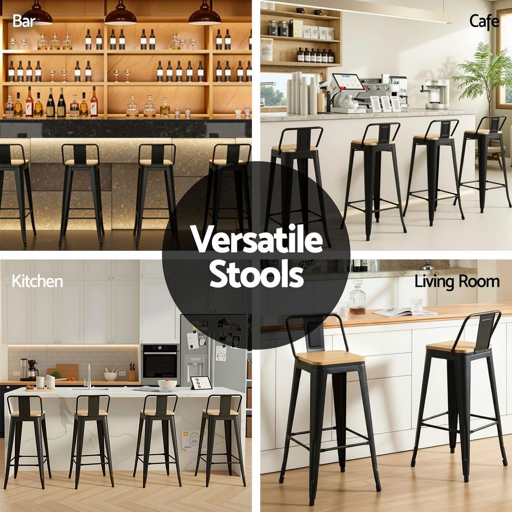 Artiss Industrial Bar Stool Wooden Seat (Set of 4) Black 77cm