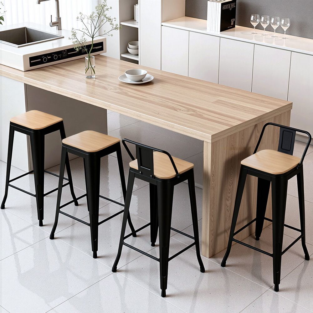 Artiss Industrial Bar Stool Wooden Seat (Set of 4) Black 77cm