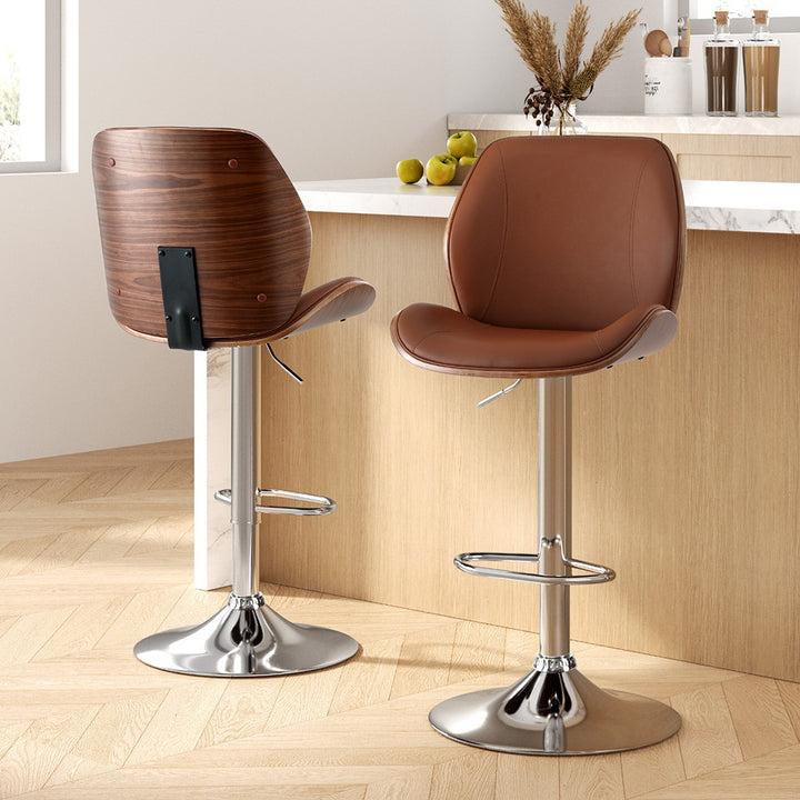 Artiss 2X Bar Stools Bentwood Adjustable Kitchen Counter Chair Leather Brown