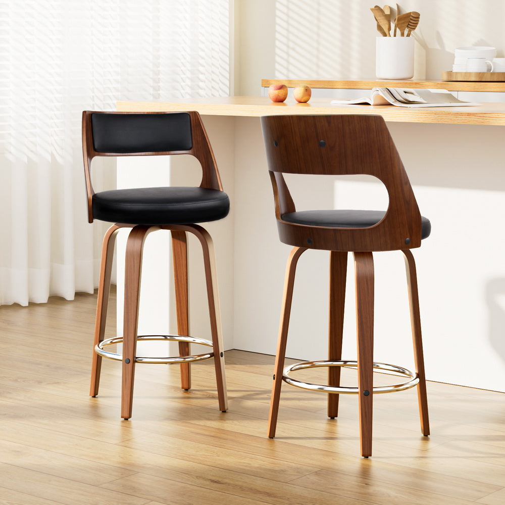 Bentwood Wooden Counter Stool Leather Swivel (Set of 2) Black 65cm