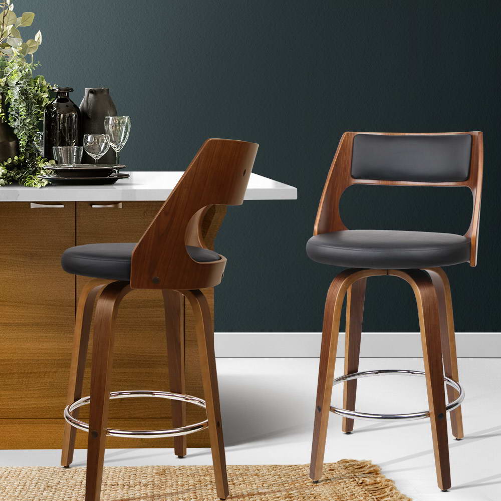 Bentwood Wooden Counter Stool Leather Swivel (Set of 2) Black 65cm