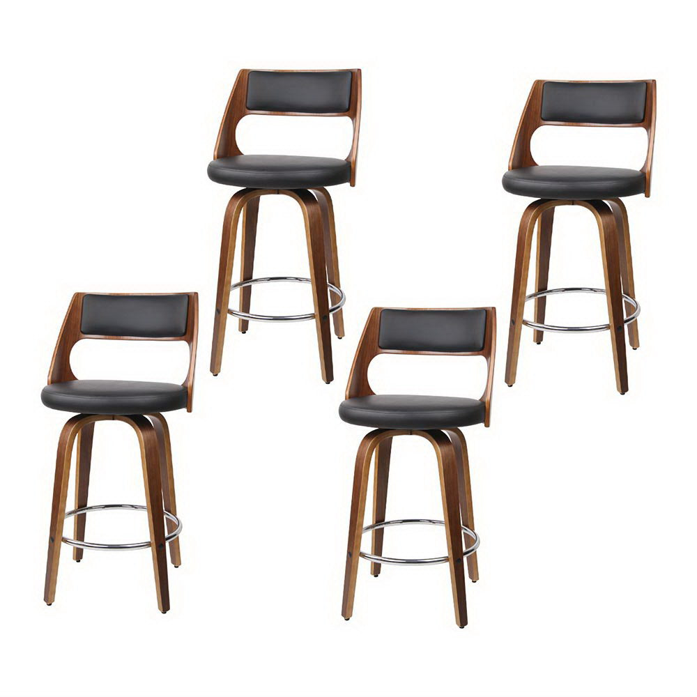 Bentwood Wooden Counter Stool Leather Swivel (Set of 4) Black 65cm