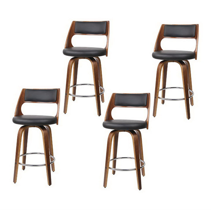 Bentwood Wooden Counter Stool Leather Swivel (Set of 4) Black 65cm