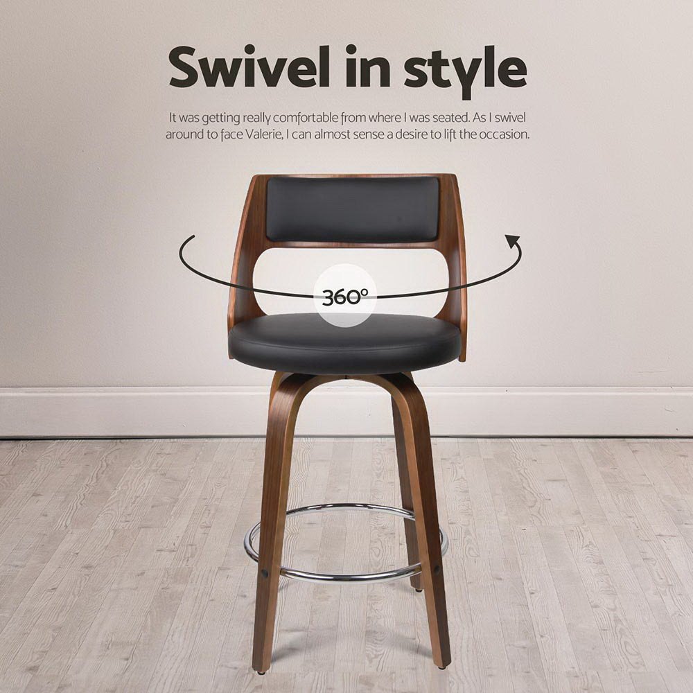 Bentwood Wooden Counter Stool Leather Swivel (Set of 4) Black 65cm