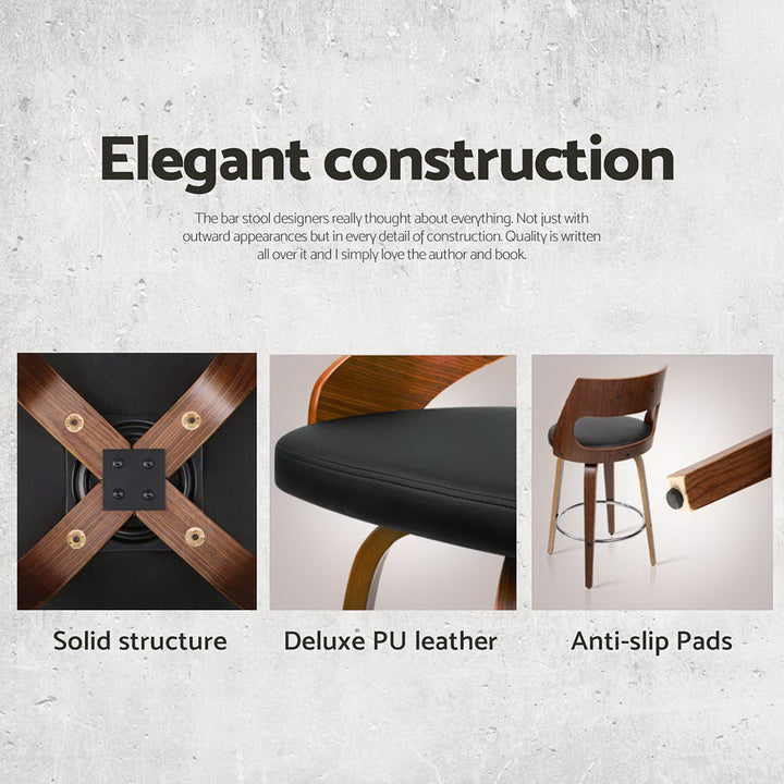 Bentwood Wooden Counter Stool Leather Swivel (Set of 4) Black 65cm