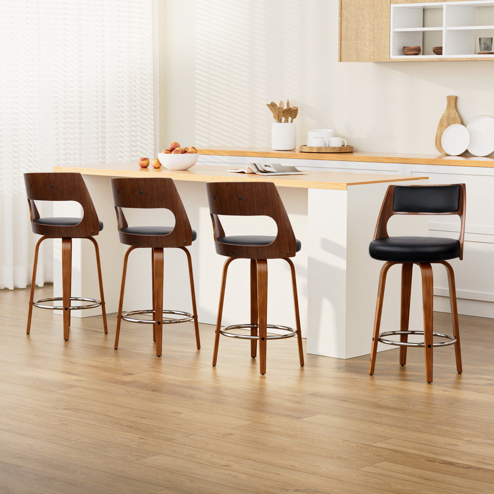 Bentwood Wooden Counter Stool Leather Swivel (Set of 4) Black 65cm