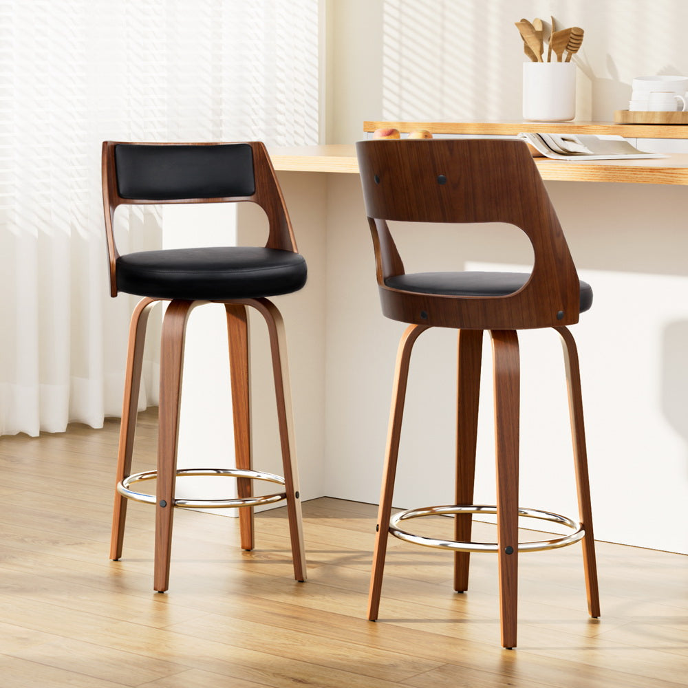 Bentwood Wooden Bar Stool Leather Swivel (Set of 2) Black 76cm