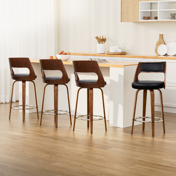 Bentwood Wooden Bar Stool Leather Swivel (Set of 4) Black 76cm